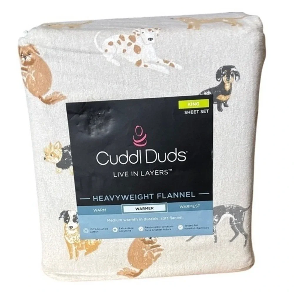 Cuddl Duds Dog Toss Heavyweight Flannel King Sheet Set Winter GIFT NEW